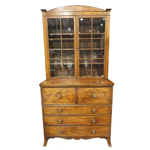 372a - A George III mahogany strung bureau bookcase, circa 1810, arched pediment, double astragal glazed do... 