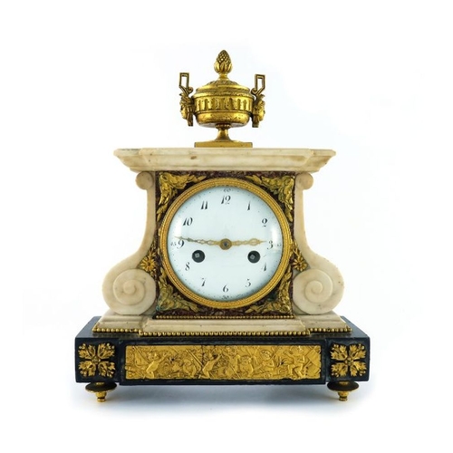 387 - A 19th Century bracket clock, of Empire design in white, black and red veined marble, gilt metal urn... 