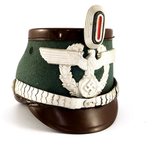 404 - Third Reich German Police Officer's shako helmet, flat brown hard leather top, front and back visors... 