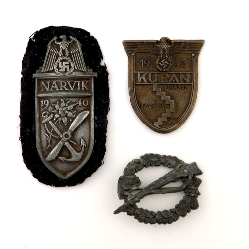 407 - World War Two German badges, Narvik Shield dated 1940 and Kuban Shield dated 1943, awarded to Wehrma... 