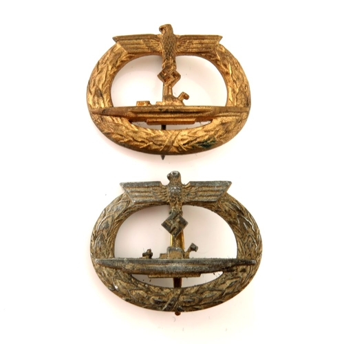 410 - Two World War Two German Kriegsmarine U-Boat War Badges, unmarked with vertical pin and catch fixing... 