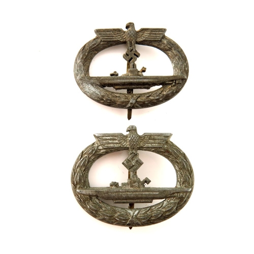 411 - Two World War Two German Kriegsmarine U-Boat War Badges, unmarked with vertical pin and catch fixing... 