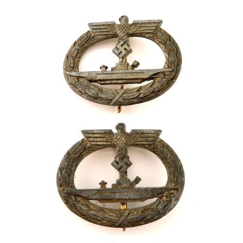 412 - Two World War Two German Kriegsmarine U-Boat War Badges, unmarked with vertical pin and catch fixing... 