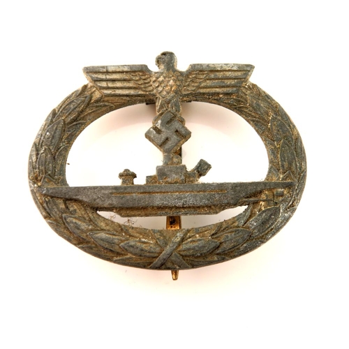 412 - Two World War Two German Kriegsmarine U-Boat War Badges, unmarked with vertical pin and catch fixing... 