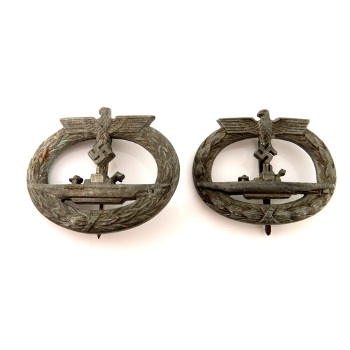 414 - Two World War Two German Kriegsmarine U-Boat War Badges, unmarked with vertical pin and catch fixing... 