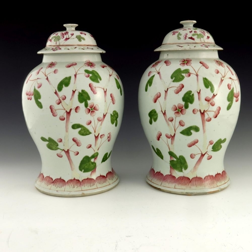 428 - A pair of Chinese famille rose temple jars and covers, Qing, 19th century, inverse baluster form wit... 