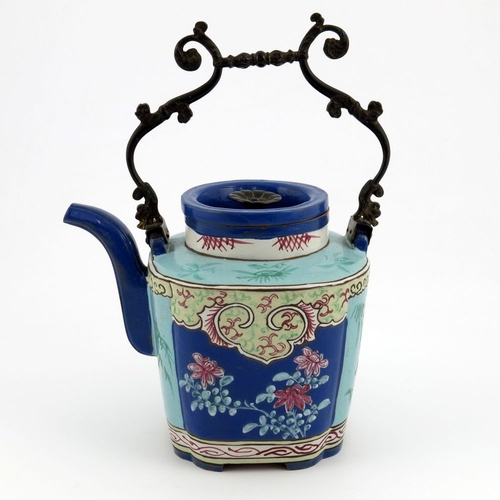 429 - A Chinese Yixing enamelled teapot, circa 1830, shouldered square section with gilt wrought iron foli... 