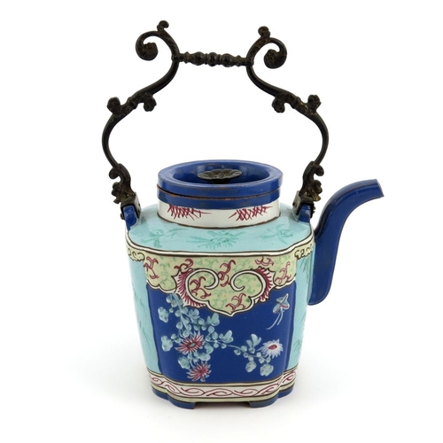 429 - A Chinese Yixing enamelled teapot, circa 1830, shouldered square section with gilt wrought iron foli... 