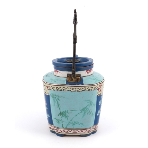 429 - A Chinese Yixing enamelled teapot, circa 1830, shouldered square section with gilt wrought iron foli... 