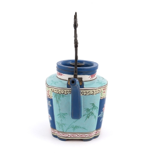 429 - A Chinese Yixing enamelled teapot, circa 1830, shouldered square section with gilt wrought iron foli... 