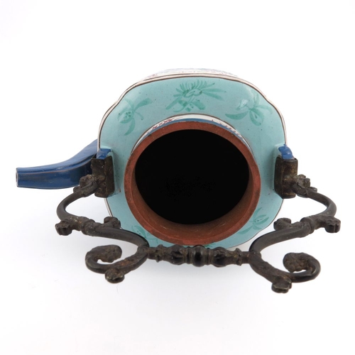 429 - A Chinese Yixing enamelled teapot, circa 1830, shouldered square section with gilt wrought iron foli... 