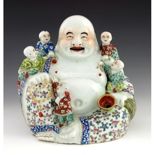 443 - A Chinese ceramic figure of Hotei, 20th century, seated smiling surrounded by five infants, polychro... 