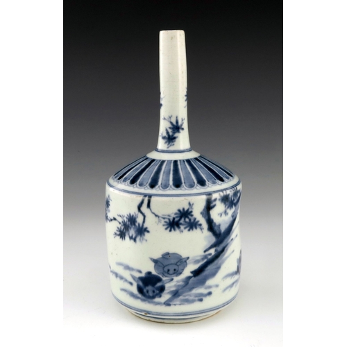 449 - A Chinese blue and white bottle vase, 19th Century, elongated opening, the frieze with wild animals ... 