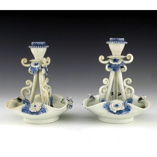 459 - A pair of Japanese Hirado porcelain candlesticks, Meiji period, 1868-1912, in the form of chrysanthe... 