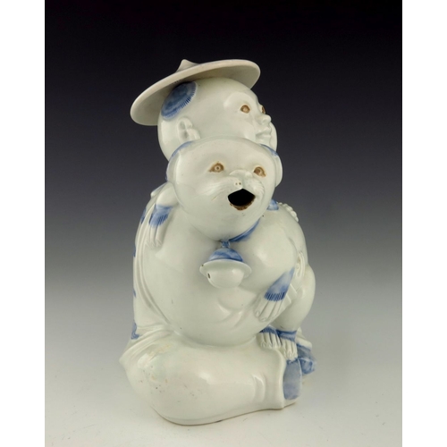 462 - A Japanese Hirado porcelain teapot, Meiji period, 1868-1912, modelled as a small boy wearing a rice ... 