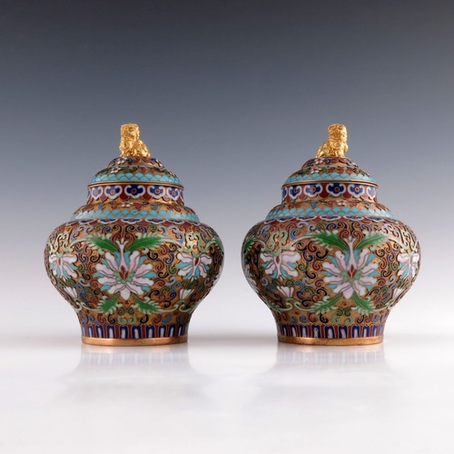 474 - A pair of Japanese gilt metal raised cloisonne covered vases, 20th Century, of ovoid form with gilt ... 