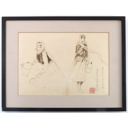 477 - China (early 20th century), Chinese/Japanese/Korean pen ink watercolour of two women conducting dail... 