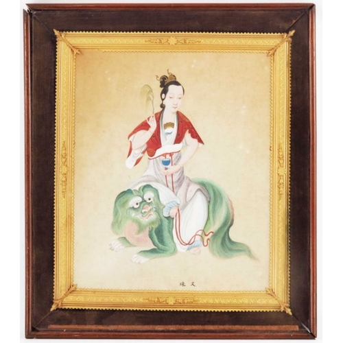 487 - China (19th century), a woman seated on a mythical beast, gouache on paper with gilt highlights, Chi... 