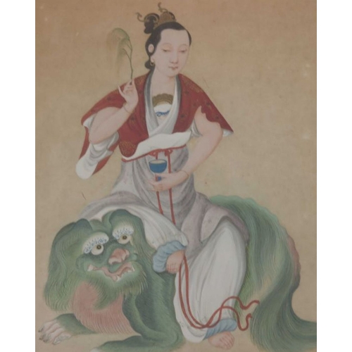 487 - China (19th century), a woman seated on a mythical beast, gouache on paper with gilt highlights, Chi... 