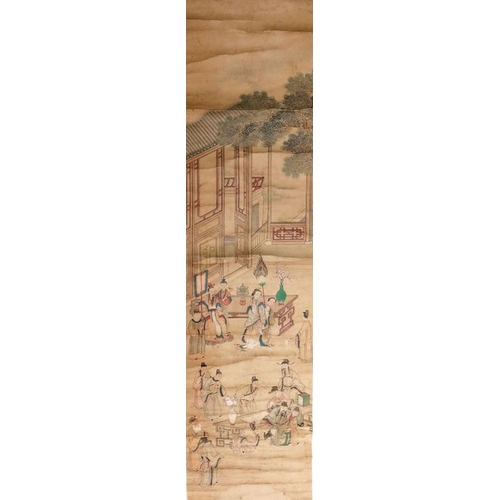 490 - China (19th century), Chinese Scroll painting of an emperor and his entourage conducting daily chore... 