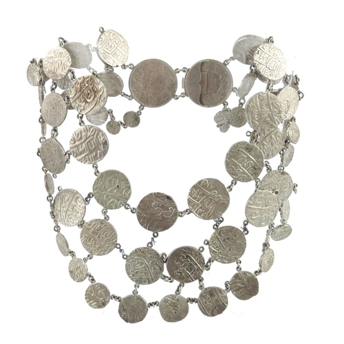 491 - An Anglo-Indian 19th century silver rupee festoon necklace, with double coin push-piece clasp, inclu... 