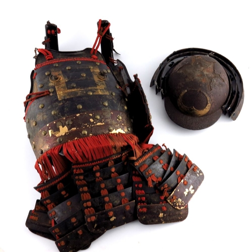 537 - An 19th Century Japanese suit of armour, comprising Kabuto with three tier Shikoro, (neck guard), st... 