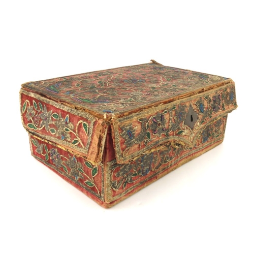 568 - A 17th century and later embroidered beadwork box, circa 1680, cuboid form, the velvet covering deco... 