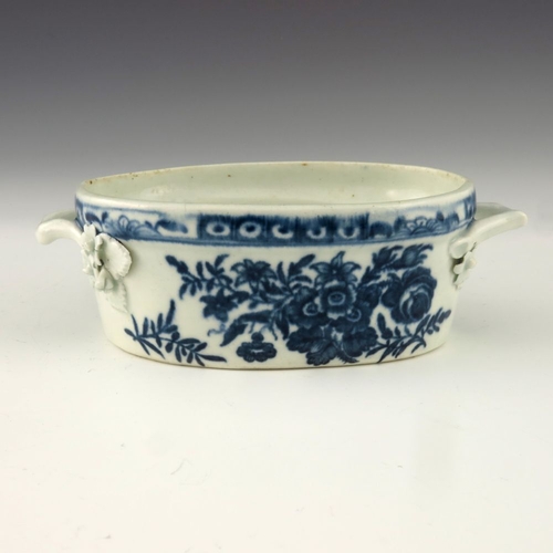 1174 - A Worcester blue and white twin handled butter dish, circa 1770, crescent mark, decorated in the Thr... 