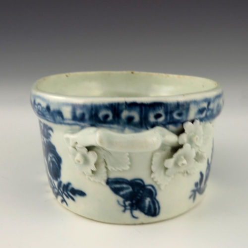 1174 - A Worcester blue and white twin handled butter dish, circa 1770, crescent mark, decorated in the Thr... 