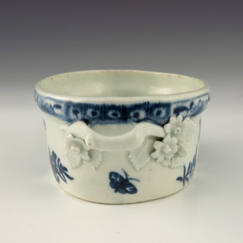 1174 - A Worcester blue and white twin handled butter dish, circa 1770, crescent mark, decorated in the Thr... 