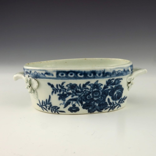 1174 - A Worcester blue and white twin handled butter dish, circa 1770, crescent mark, decorated in the Thr... 