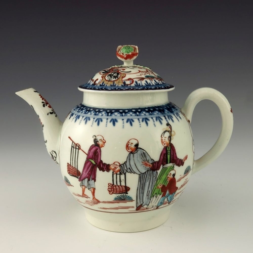 1177 - A Worcester polychrome and blue and white teapot, circa 1760, W mark, painted in the Mandarin salesm... 