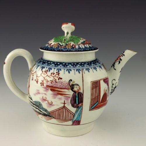 1177 - A Worcester polychrome and blue and white teapot, circa 1760, W mark, painted in the Mandarin salesm... 