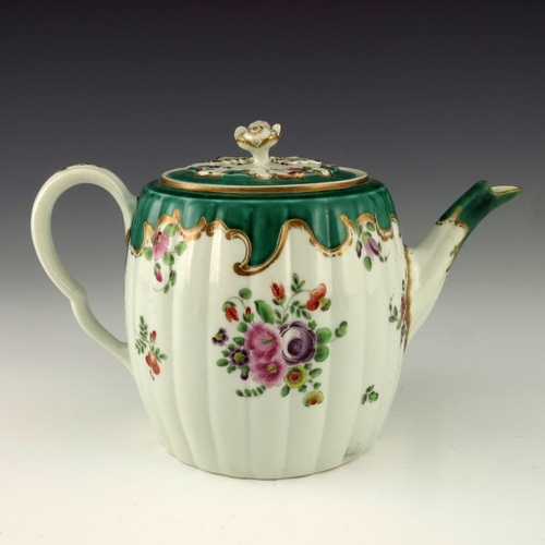 1179 - A Worcester polychrome teapot, circa 1760, painted with floral bouquets below a Rococo C scroll gree... 