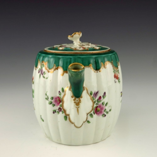 1179 - A Worcester polychrome teapot, circa 1760, painted with floral bouquets below a Rococo C scroll gree... 