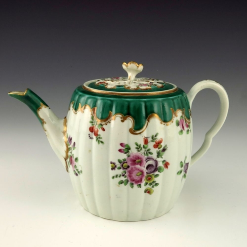 1179 - A Worcester polychrome teapot, circa 1760, painted with floral bouquets below a Rococo C scroll gree... 