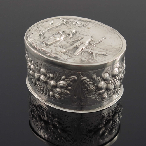 10 - A 17th century German silver box, WP, Konigsberg 1685, oval form, the lid embossed in high relief wi... 