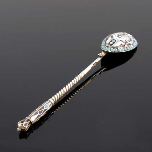 12 - An Imperial Russian silver gilt and cloisonne enamelled spoon, Moscow circa 1910, the twisted stem w... 