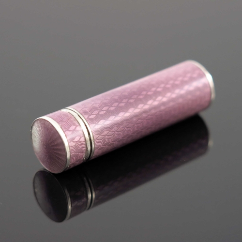 25 - A silver and enamelled needle case, circa 1905, cylindrical tube form, purple guilloche enamel with ... 