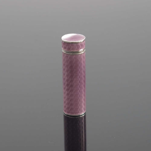 25 - A silver and enamelled needle case, circa 1905, cylindrical tube form, purple guilloche enamel with ... 