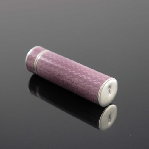 25 - A silver and enamelled needle case, circa 1905, cylindrical tube form, purple guilloche enamel with ... 