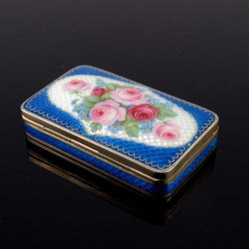 26 - A Swiss silver gilt and enamelled box, Glatou, Geneva, cushioned rectangular section, the lid and si... 