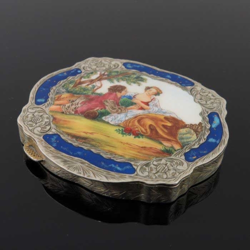 27 - Two Continental silver gilt powder compacts, each with printed enamelled covers depicting courtly co... 