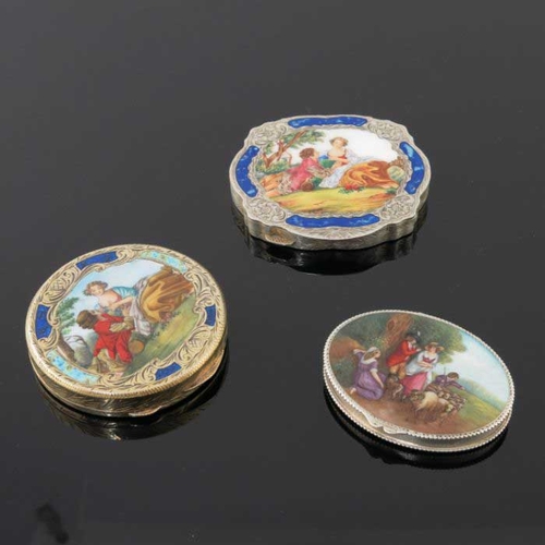 27 - Two Continental silver gilt powder compacts, each with printed enamelled covers depicting courtly co... 