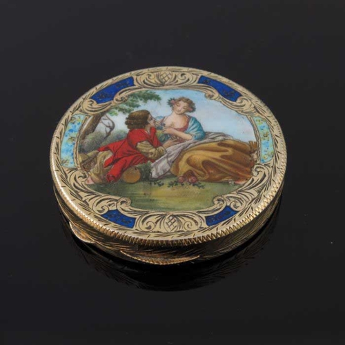 27 - Two Continental silver gilt powder compacts, each with printed enamelled covers depicting courtly co... 