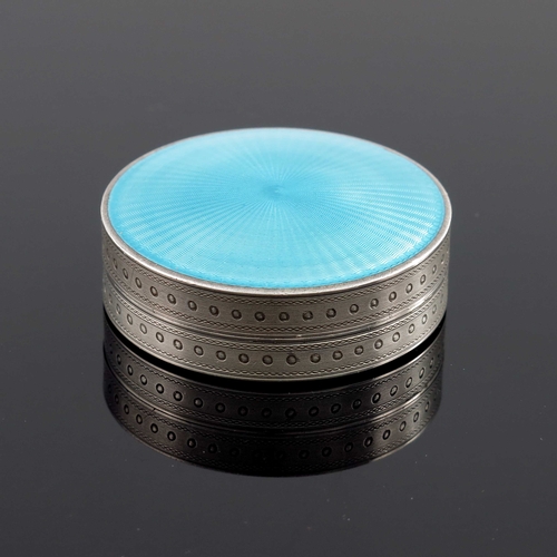 30 - A French silver and enamelled box, import marks London 1907, circular with turquoise guilloche ename... 