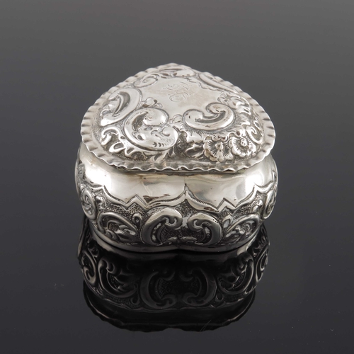 52 - A Victorian silver box, Deakin and Francis, Birmingham 1896, embossed heart form, foliate C scroll d... 