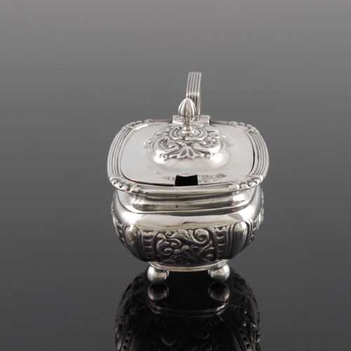 55 - A Victorian silver mustard pot, Pinder Brothers, Sheffield 1898, squat shouldered boat form, embosse... 