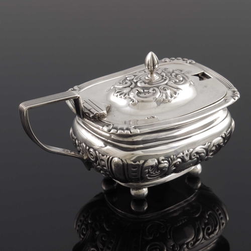 55 - A Victorian silver mustard pot, Pinder Brothers, Sheffield 1898, squat shouldered boat form, embosse... 