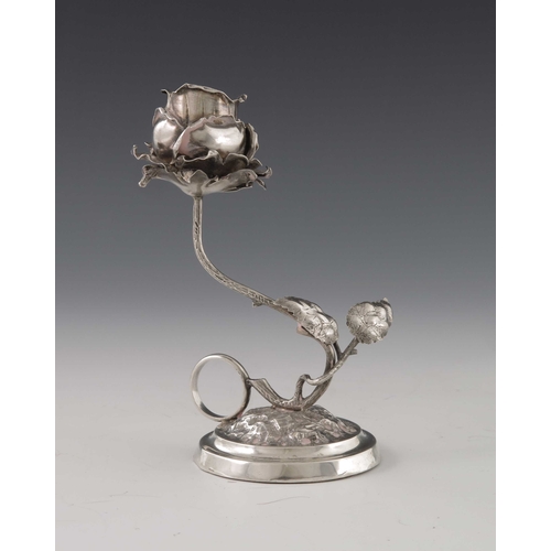 69 - A Victorian silver chamberstick, James Deakin and Son, London 1890, naturalistically modelled as a r... 